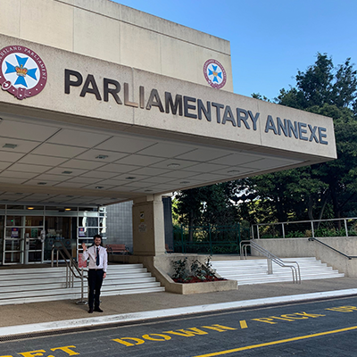 Attendant outside Parliamentary Annexe